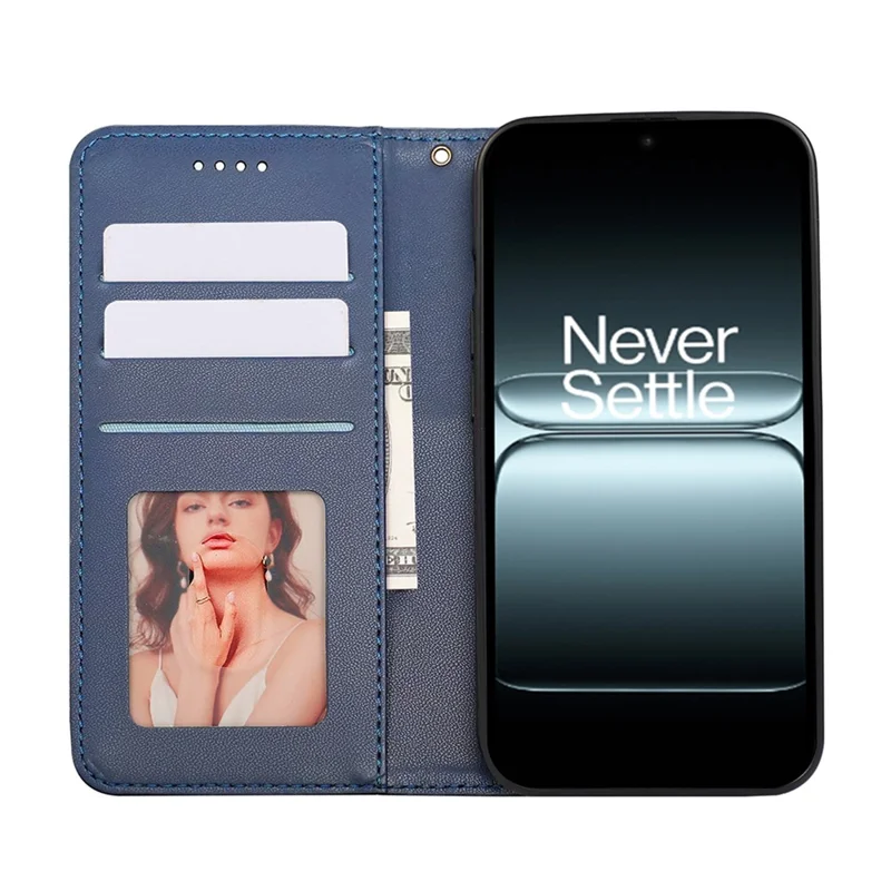 For OnePlus 13T 5G Wallet Phone Case Checkered Pattern Imprint Leather Flip Cover with Wrist Strap - Blue