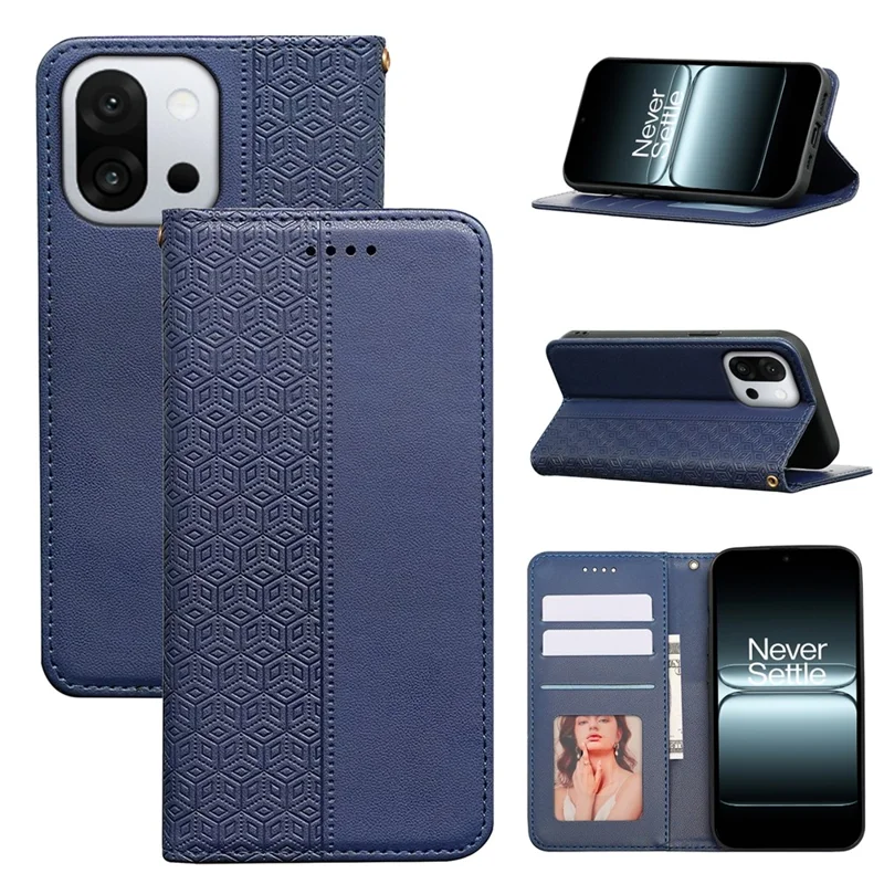 For OnePlus 13T 5G Wallet Phone Case Checkered Pattern Imprint Leather Flip Cover with Wrist Strap - Blue