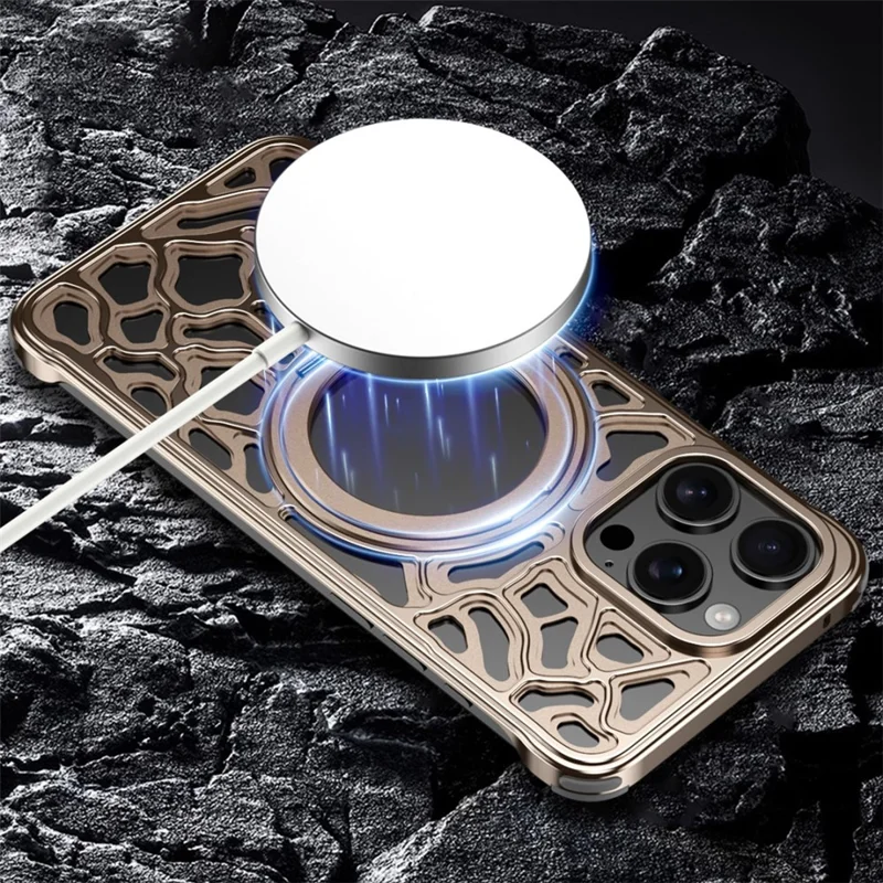 Cover Paraurti in Lega di Metallo per iPhone 16 Pro Max, Senza Bordi, con Supporto Magnetico - Oro Deserto