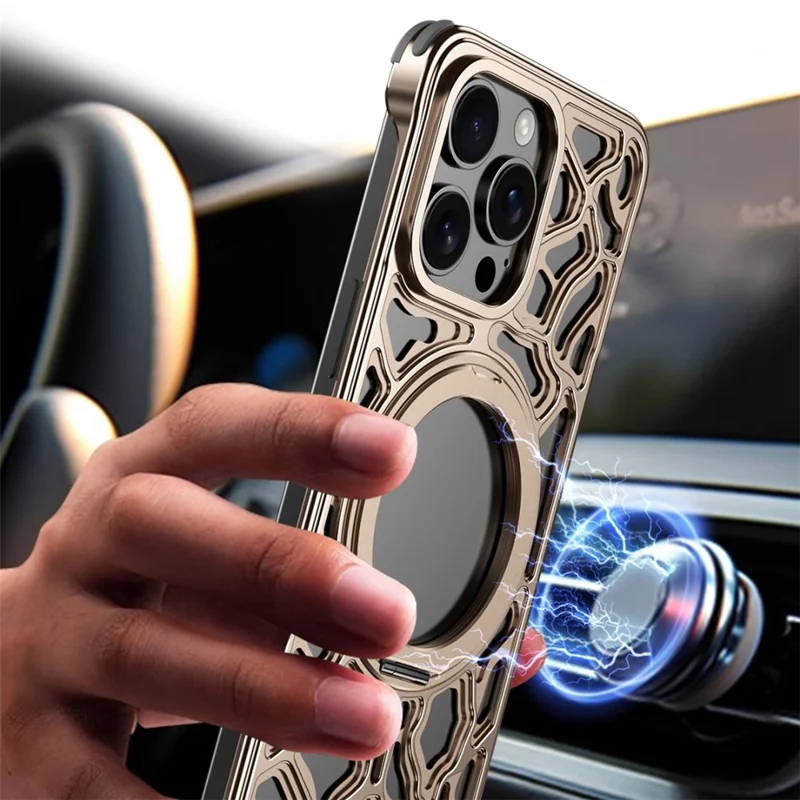 Cover Paraurti in Lega di Metallo per iPhone 16 Pro Max, Senza Bordi, con Supporto Magnetico - Oro Deserto