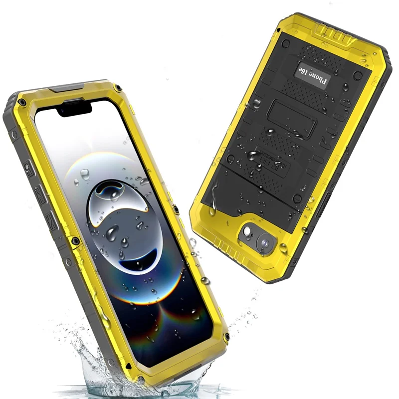 Funda impermeable IP68 para iPhone 16e de metal + silicona con protector de pantalla - Amarillo