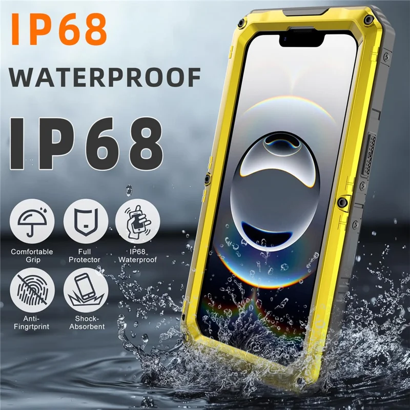 Funda impermeable IP68 para iPhone 16e de metal + silicona con protector de pantalla - Amarillo