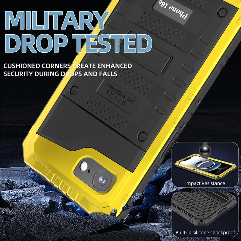 Funda impermeable IP68 para iPhone 16e de metal + silicona con protector de pantalla - Amarillo
