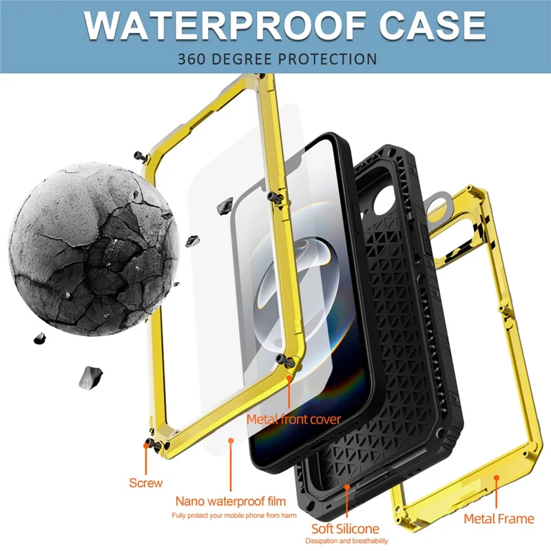 Funda impermeable IP68 para iPhone 16e de metal + silicona con protector de pantalla - Amarillo