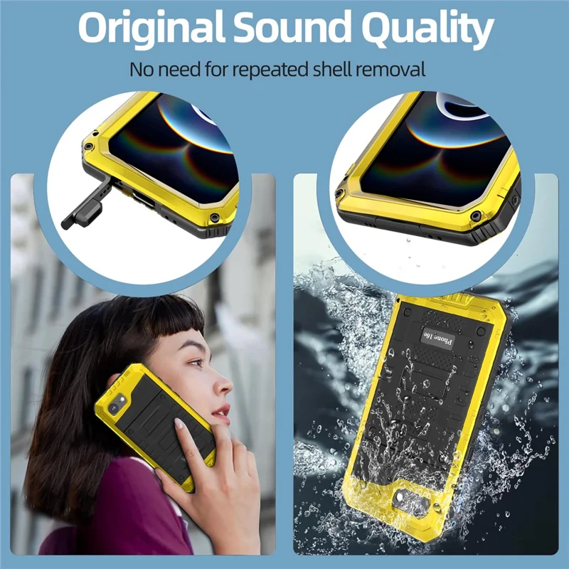 Funda impermeable IP68 para iPhone 16e de metal + silicona con protector de pantalla - Amarillo