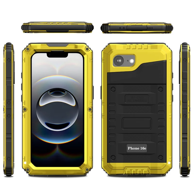 Funda impermeable IP68 para iPhone 16e de metal + silicona con protector de pantalla - Amarillo