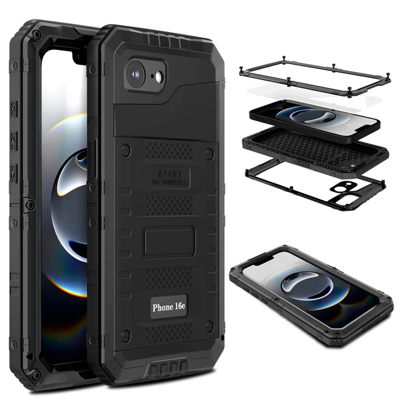 IP68 Waterproof Phone Case for iPhone 16e Metal + Silicone Cover with Screen Protector - Black