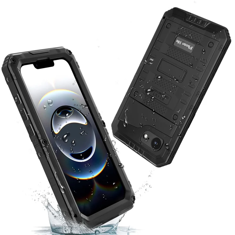 IP68 Waterproof Phone Case for iPhone 16e Metal + Silicone Cover with Screen Protector - Black