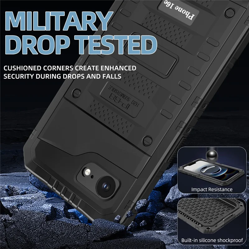 IP68 Waterproof Phone Case for iPhone 16e Metal + Silicone Cover with Screen Protector - Black