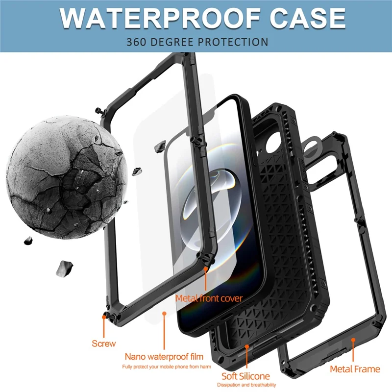 IP68 Waterproof Phone Case for iPhone 16e Metal + Silicone Cover with Screen Protector - Black