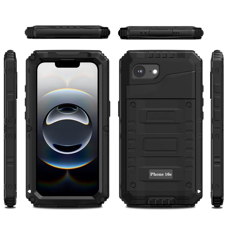 IP68 Waterproof Phone Case for iPhone 16e Metal + Silicone Cover with Screen Protector - Black