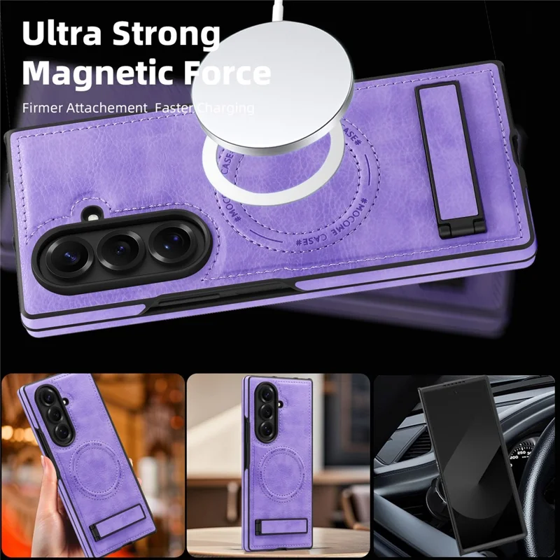 For Samsung Galaxy Z Fold7 5G Magnetic Case Kickstand Leather Phone Back Cover - Light Purple