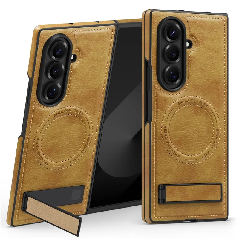 For Samsung Galaxy Z Fold7 5G Magnetic Case with Folded Kickstand PC Silicone Leather Phone Back Cover - Brown