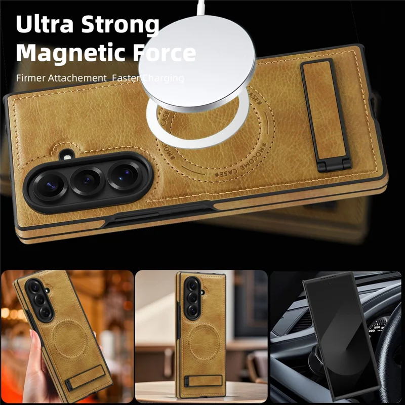 For Samsung Galaxy Z Fold7 5G Magnetic Case with Folded Kickstand PC Silicone Leather Phone Back Cover - Brown