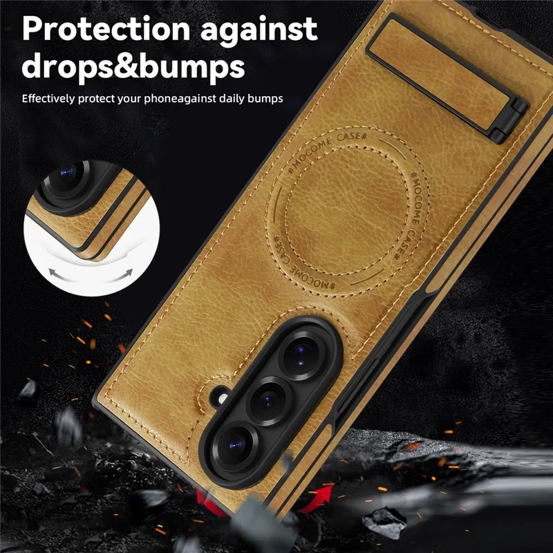For Samsung Galaxy Z Fold7 5G Magnetic Case with Folded Kickstand PC Silicone Leather Phone Back Cover - Brown