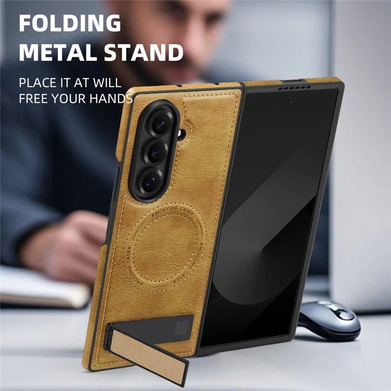 For Samsung Galaxy Z Fold7 5G Magnetic Case with Folded Kickstand PC Silicone Leather Phone Back Cover - Brown