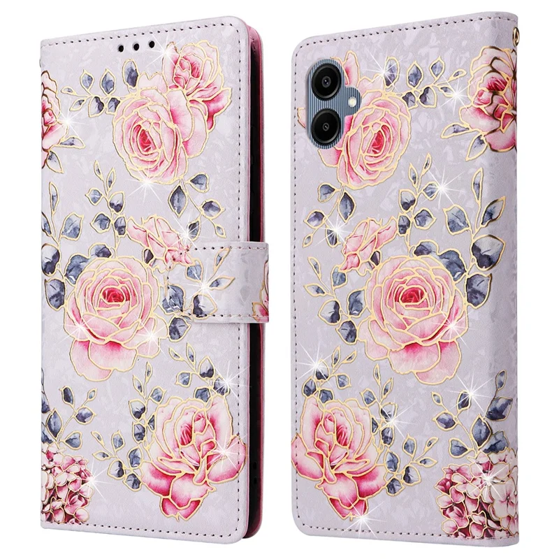 For Samsung Galaxy A07 4G / A06 4G / A06 5G Case RFID Blocking Flower Leather Phone Cover with Wrist Strap - Rose Flower