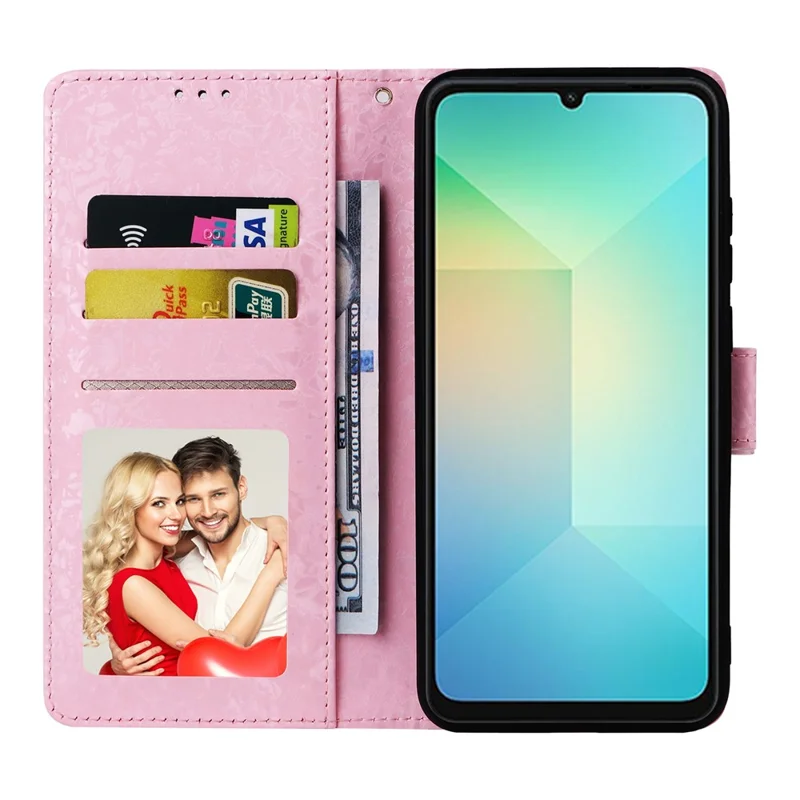 For Samsung Galaxy A07 4G / A06 4G / A06 5G Case RFID Blocking Flower Leather Phone Cover with Wrist Strap - Rose Flower