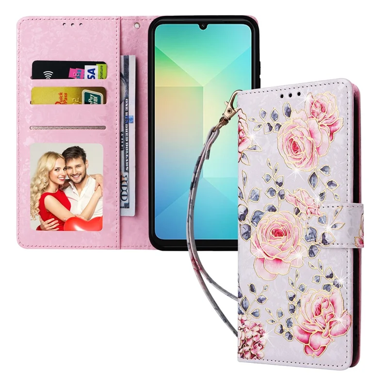 For Samsung Galaxy A07 4G / A06 4G / A06 5G Case RFID Blocking Flower Leather Phone Cover with Wrist Strap - Rose Flower