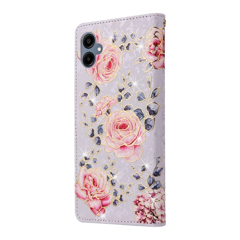 For Samsung Galaxy A07 4G / A06 4G / A06 5G Case RFID Blocking Flower Leather Phone Cover with Wrist Strap - Rose Flower