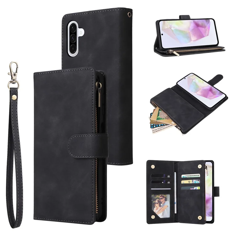 Étui pour Samsung Galaxy A17 Portefeuille à Fermeture Éclair avec Plusieurs Emplacements pour Cartes, Housse en Cuir avec Bracelet - Noir