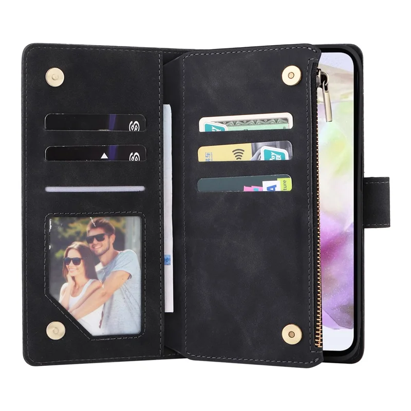 Étui pour Samsung Galaxy A17 Portefeuille à Fermeture Éclair avec Plusieurs Emplacements pour Cartes, Housse en Cuir avec Bracelet - Noir