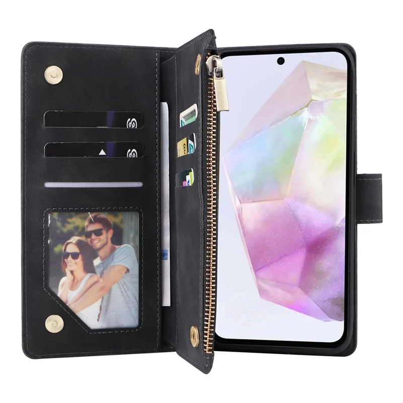 Étui pour Samsung Galaxy A17 Portefeuille à Fermeture Éclair avec Plusieurs Emplacements pour Cartes, Housse en Cuir avec Bracelet - Noir