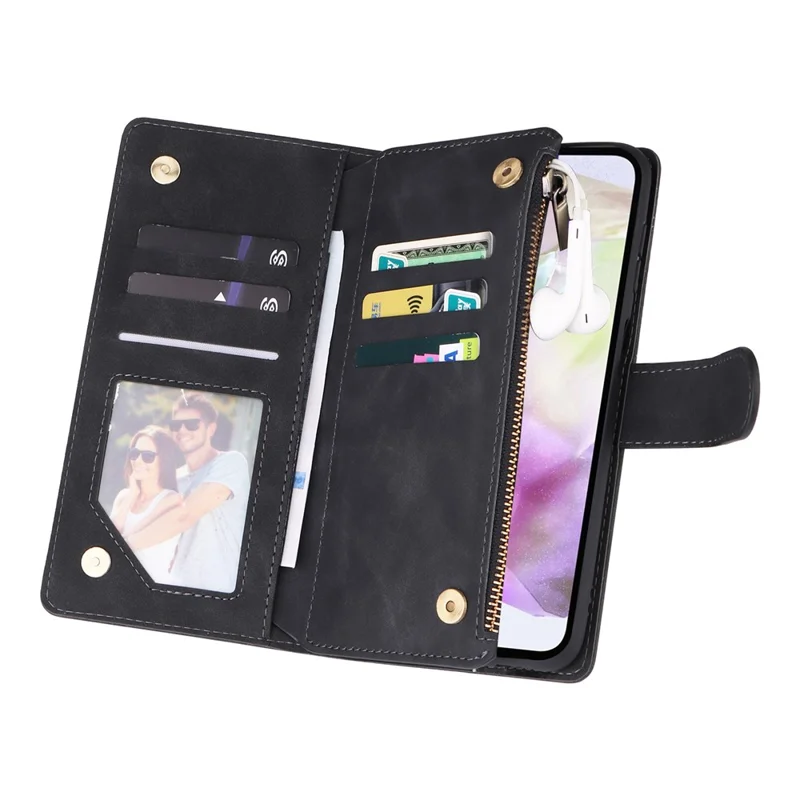 Étui pour Samsung Galaxy A17 Portefeuille à Fermeture Éclair avec Plusieurs Emplacements pour Cartes, Housse en Cuir avec Bracelet - Noir