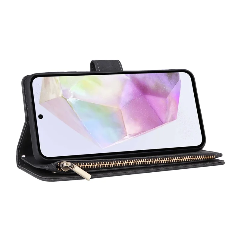 Étui pour Samsung Galaxy A17 Portefeuille à Fermeture Éclair avec Plusieurs Emplacements pour Cartes, Housse en Cuir avec Bracelet - Noir