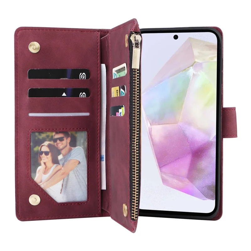 For Samsung Galaxy A17 Case Zipper Wallet Multiple Card Slots Leather Phone Cover with Wrist Strap - Wine Red