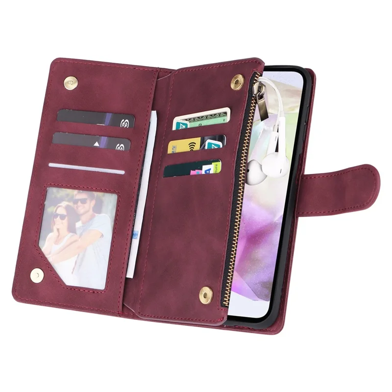 For Samsung Galaxy A17 Case Zipper Wallet Multiple Card Slots Leather Phone Cover with Wrist Strap - Wine Red