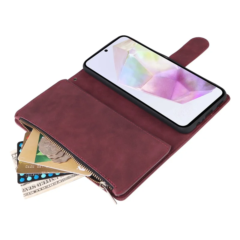 For Samsung Galaxy A17 Case Zipper Wallet Multiple Card Slots Leather Phone Cover with Wrist Strap - Wine Red