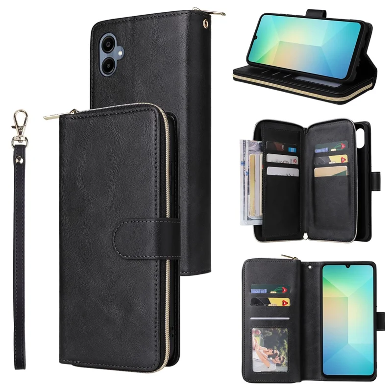 For Samsung Galaxy A07 4G / A06 4G / A06 5G Case Zipper Pocket PU Leather Phone Cover with Hand Strap - Black