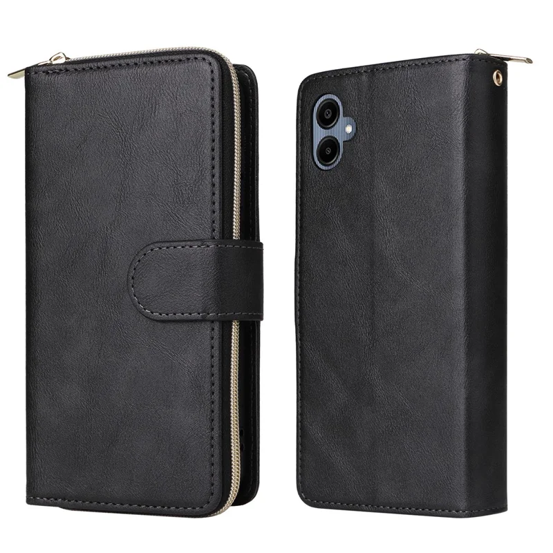 For Samsung Galaxy A07 4G / A06 4G / A06 5G Case Zipper Pocket PU Leather Phone Cover with Hand Strap - Black