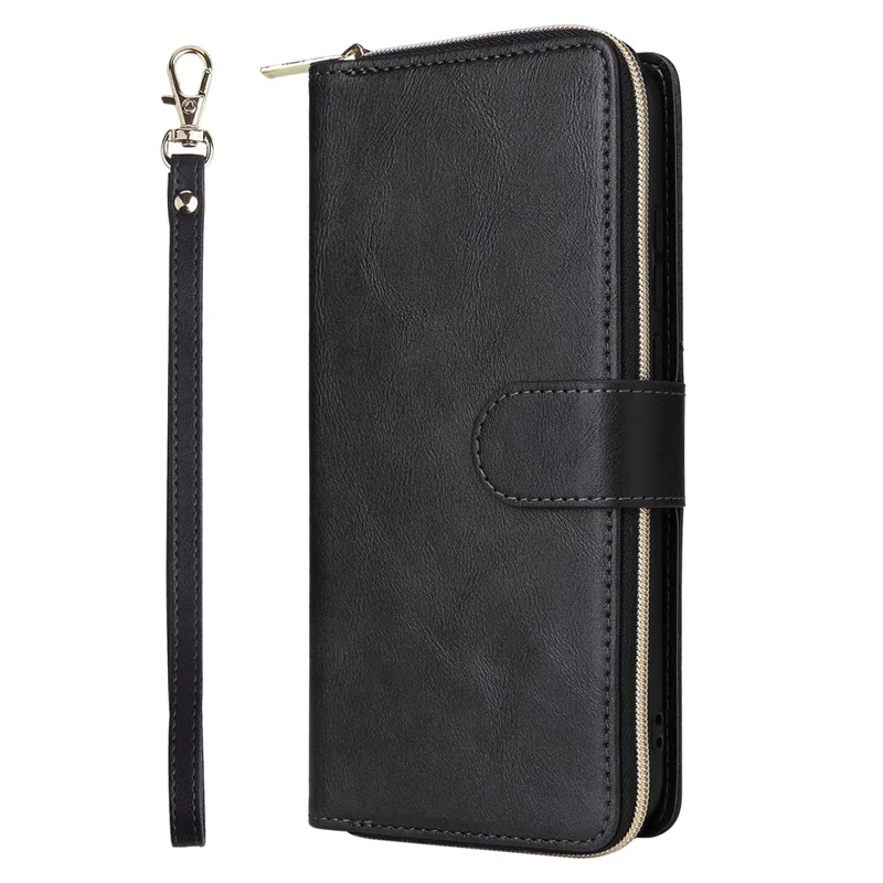 For Samsung Galaxy A07 4G / A06 4G / A06 5G Case Zipper Pocket PU Leather Phone Cover with Hand Strap - Black