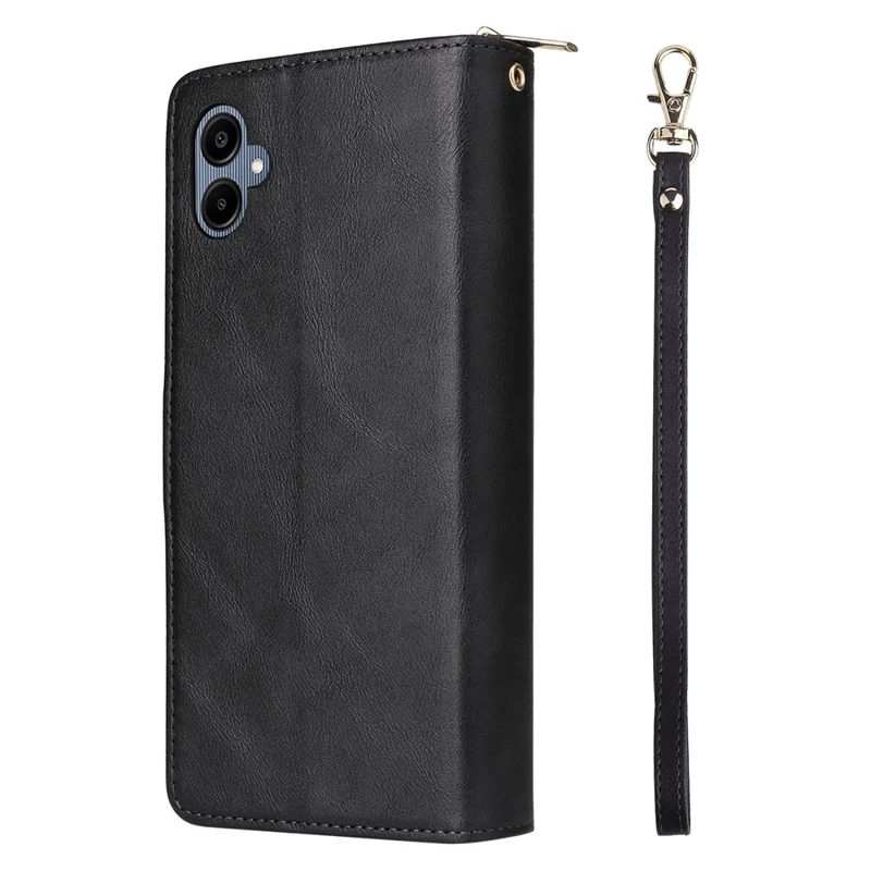 For Samsung Galaxy A07 4G / A06 4G / A06 5G Case Zipper Pocket PU Leather Phone Cover with Hand Strap - Black