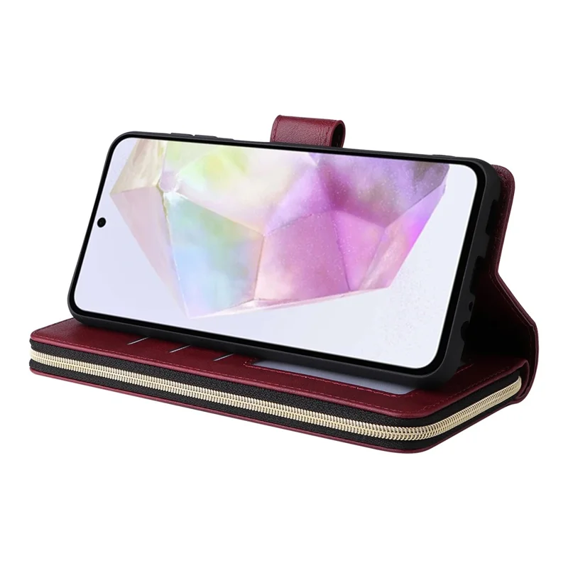 Cover per Samsung Galaxy A17 con Tasca Portasoldi in Pelle PU e Cinturino da Polso - Rosso Vino