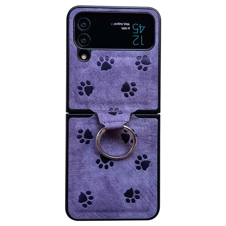For Samsung Galaxy Z Flip3 5G Imprinting Cat Paw Pattern Folding Phone Case Ring Holder PU Leather Coated PC Cover - Purple