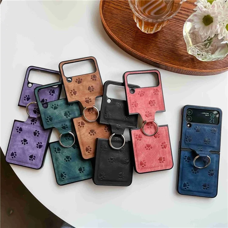 For Samsung Galaxy Z Flip3 5G Imprinting Cat Paw Pattern Folding Phone Case Ring Holder PU Leather Coated PC Cover - Purple