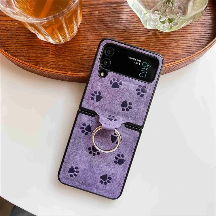 For Samsung Galaxy Z Flip3 5G Imprinting Cat Paw Pattern Folding Phone Case Ring Holder PU Leather Coated PC Cover - Purple