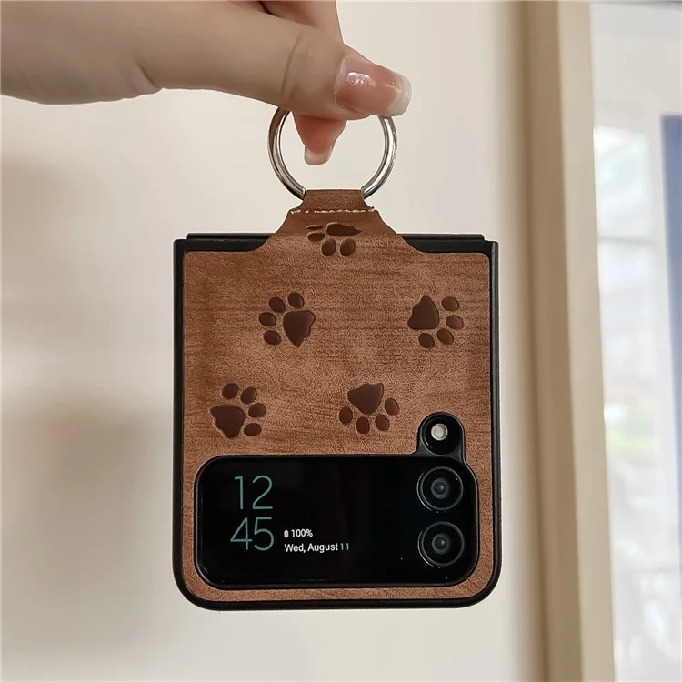 For Samsung Galaxy Z Flip3 5G Imprinting Cat Paw Pattern Folding Phone Case Ring Holder PU Leather Coated PC Cover - Purple