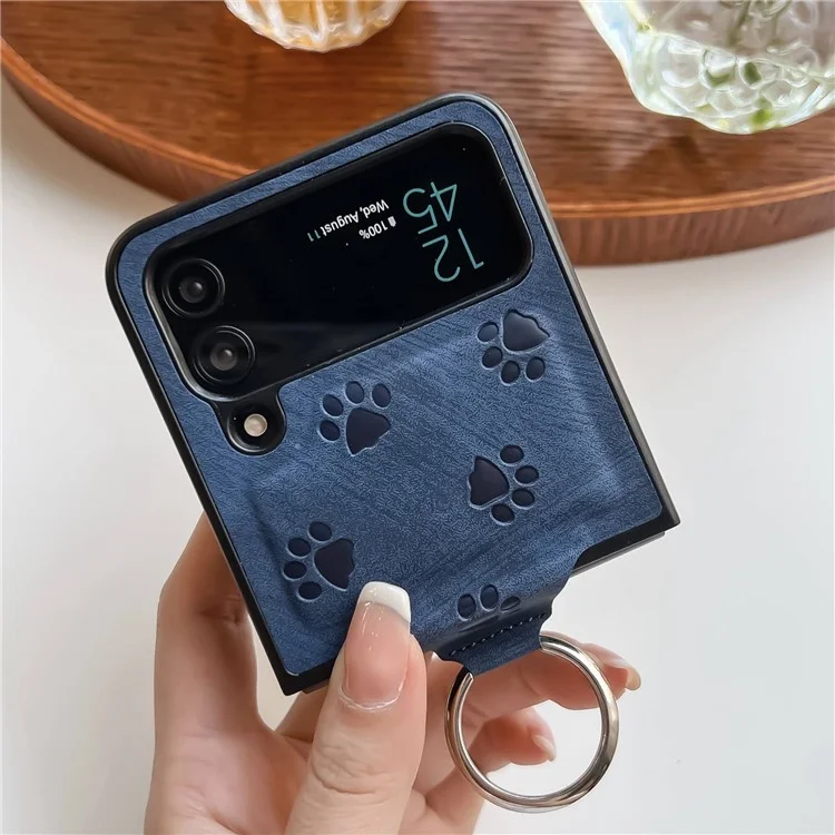 For Samsung Galaxy Z Flip3 5G Imprinting Cat Paw Pattern Folding Phone Case Ring Holder PU Leather Coated PC Cover - Purple