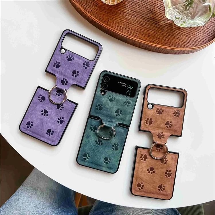 For Samsung Galaxy Z Flip3 5G Imprinting Cat Paw Pattern Folding Phone Case Ring Holder PU Leather Coated PC Cover - Purple