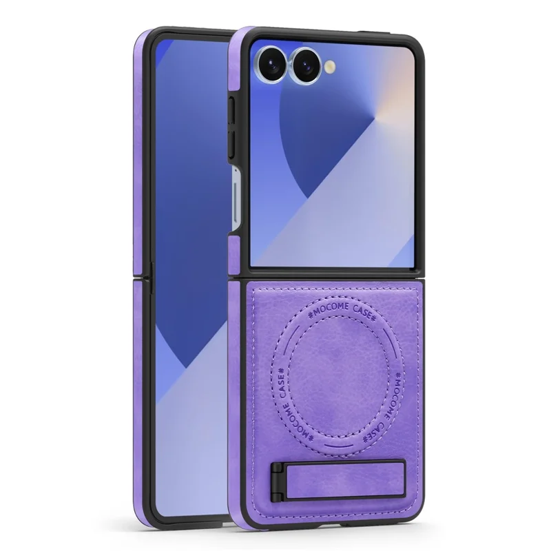 For Samsung Galaxy Z Flip7 5G Case Compatible with MagSafe Kickstand Leather Phone Back Cover - Light Purple