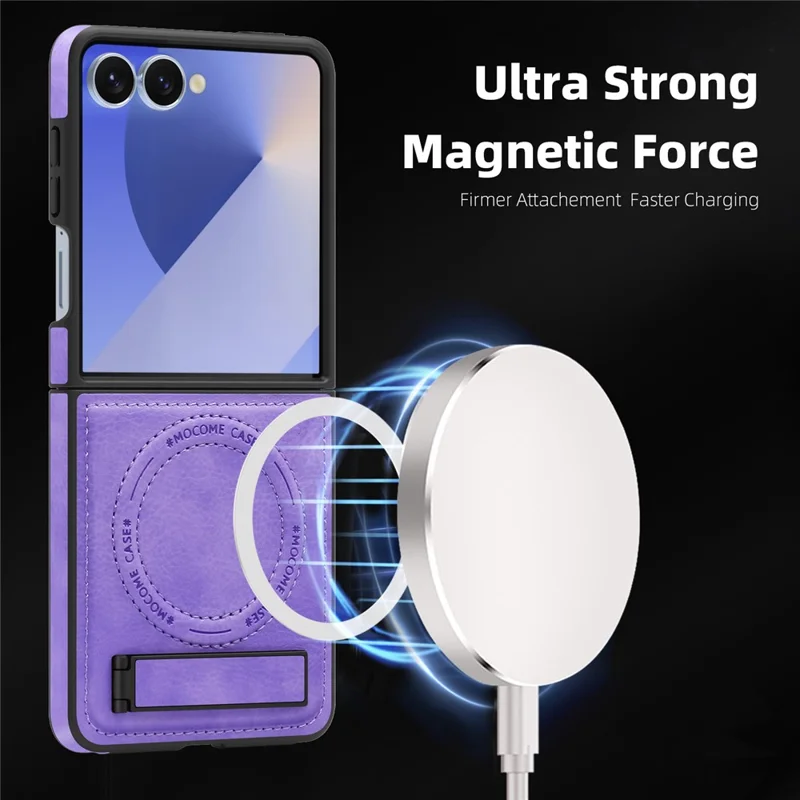 For Samsung Galaxy Z Flip7 5G Case Compatible with MagSafe Kickstand Leather Phone Back Cover - Light Purple