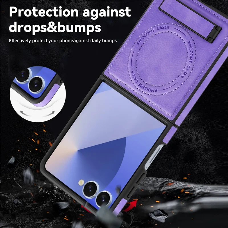 For Samsung Galaxy Z Flip7 5G Case Compatible with MagSafe Kickstand Leather Phone Back Cover - Light Purple