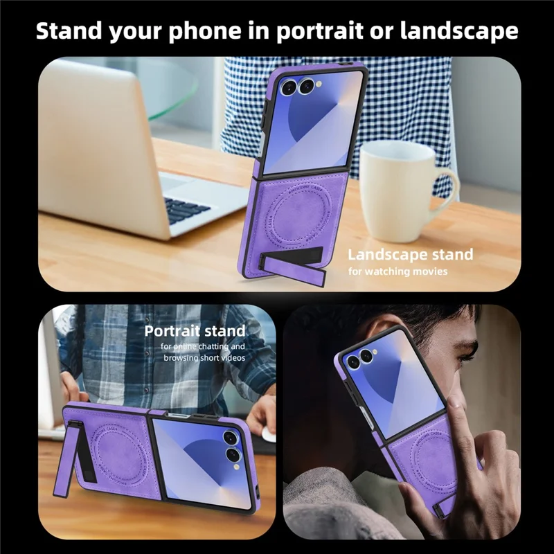 For Samsung Galaxy Z Flip7 5G Case Compatible with MagSafe Kickstand Leather Phone Back Cover - Light Purple