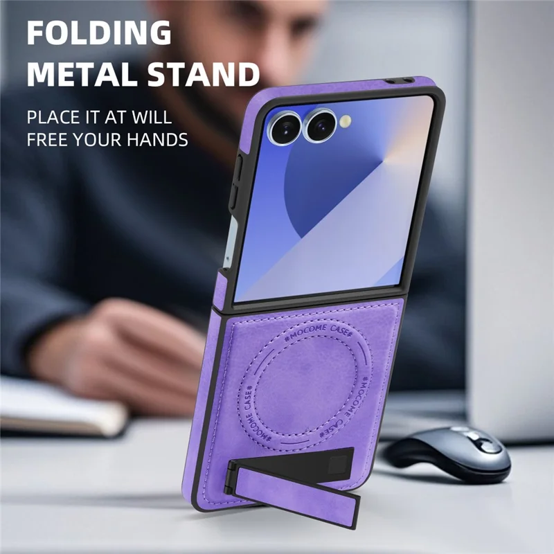 For Samsung Galaxy Z Flip7 5G Case Compatible with MagSafe Kickstand Leather Phone Back Cover - Light Purple