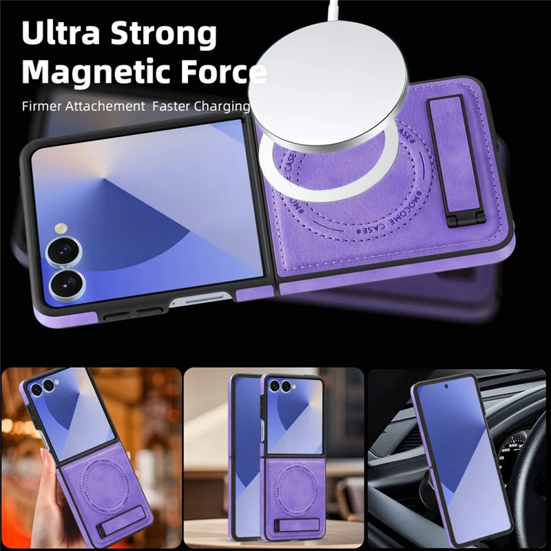 For Samsung Galaxy Z Flip7 5G Case Compatible with MagSafe Kickstand Leather Phone Back Cover - Light Purple