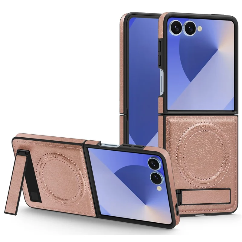For Samsung Galaxy Z Flip7 5G Case Compatible with MagSafe Kickstand Leather Phone Back Cover - Rose Gold